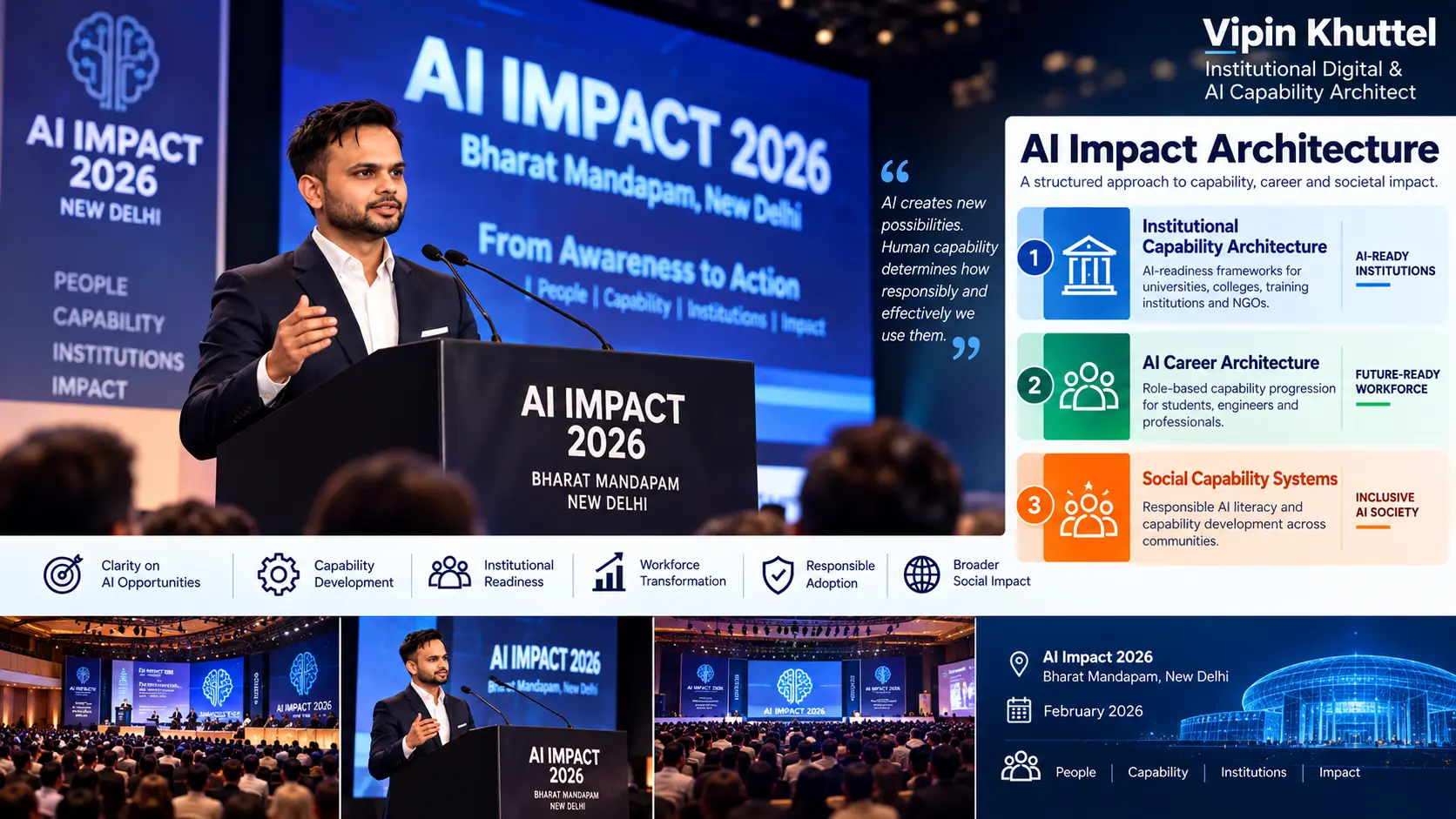 Vipin Khuttel presenting the AI Impact Architecture at AI Impact 2026, Bharat Mandapam, New Delhi, with three pillars: Institutional Capability Architecture, AI Career Architecture and Social Capability Systems